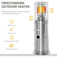 Outsunny 10KW Outdoor Gas Patio Heater Terrace Freestanding Bullet Style Heater with Wheels, Dust Cover, Regulator and Hose, Silver(m-7)