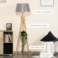 HOMCOM Natural Wood Tripod Floor Lamp Light E27 Base Bedroom Living Room Fabric Shade Storage Shelf Foot Switch, 156cm, Grey(m-5)