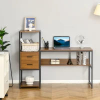 HOMCOM Escritorio con Estantería Mesa de Ordenador Escritorio de Oficina con Múltiples Estantes 140x50x110 cm Nogal y Negro(m-6)