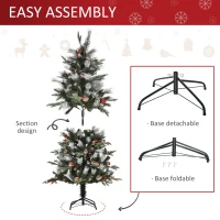 HOMCOM 5FT Artificial Snow Dipped Christmas Tree Xmas Pencil Tree Holiday Home Party Decoration with Foldable Feet Red Berries White Pinecones, Green(m-5)