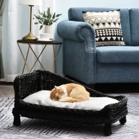 Pawhut Wicker Dog Cat Bed Kitten Lounger  Pet Bed Rattan Willow Basket Soft Cushion Lightweight 69 x 42 x 33 cm Black(m-10)