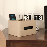 HOMCOM Organiseur de bureau rangement bureau multifonction avec 2 compartiments boîte à mouchoirs en bois naturel(m-8)