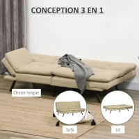HOMCOM Canapé convertible canapé-lit 3 places, clic-clac rembourré avec accoudoirs et dossier réglables en tissu beige(m-4)