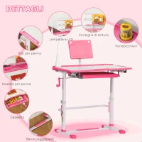 HOMCOM Set Scrivania per Bambini 6-12 Anni con Sedia Regolabile in Altezza, Cassetto, Luce e Piano Inclinabile, Rosa(m-7)