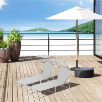 Outsunny 2 Pieces Outdoor Foldable Sun Lounger, 4 Level Adjustable Backrest Reclining Sun Lounger Chair with Angle Adjust Sun Shade Awning for Beach, Garden, Patio, Light Grey(m-2)