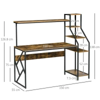 HOMCOM Computer Desk with Bookshelf, Industrial Writing Table with 6 Tier Storage Shelves for Home Office, Bedroom, Study, 150 x 55 x 138cm, Rustic Brown(m-3)
