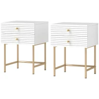 HOMCOM Set of Two Elegant Bedside Tables - White/Gold-Tone(m-11)