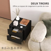 HOMCOM Table de chevet, table de nuit cannelée avec 2 tiroirs et pieds en acier, pour chambre à coucher, salon, noir(m-5)