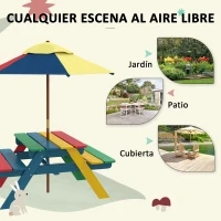 Outsunny Mesa de Picnic Infantil de Madera Mesa y 2 Bancos Infantiles con Sombrilla Extraíble 85,5x75x142,5 cm Multicolor(m-6)