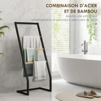 HOMCOM Porte-serviettes sur pieds en bambou et acier avec 4 barres support 40,5L x 28l x 98H cm - noir et naturel(m-4)