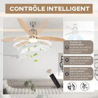 HOMCOM Ventilateur de plafond réversible avec lumière LED 6 vitesses silencieux - télécommande - diamètre 132 cm, naturel(m-7)