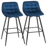 HOMCOM Set 2 Sgabelli Alti in Stile Nordico con Schienale e Poggiapiedi, Sgabelli con Schienale in Tessuto Effetto Velluto e Metallo, 45x47x88 cm, Blu(m-10)