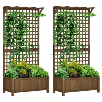 Outsunny 2 Pcs Raised Bed with Drainage Holes, Wood Planter with Trellis for Climbing Plants to Grow Vegetables, Flowers, Brown(m-1)