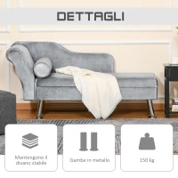 HOMCOM Chaise Longue Imbottita in Stile Vintage, Poltrona Letto con Cuscino Incluso, in Metallo e Velluto Grigio, 160x56x75 (cm)(m-5)
