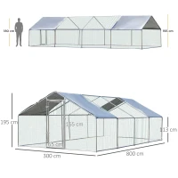 PawHut Pollaio per Galline in Metallo Zincato con Copertura Resistente Acqua e Raggi UV, 300x800x195cm(m-3)