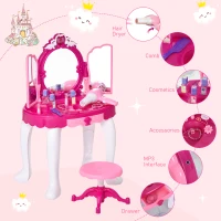 HOMCOM 26 Pcs Kids Children Vanity Dressing Table Magic Glamour Princess Mirror Makeup Table Stool Set w/ Beauty Kit Lights Music Jewellery Pretend Toy Fuchsia(m-6)