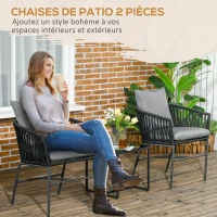 Outsunny Lot de 2 fauteuils chaises de jardin 2 places et métal et corde PE avec coussins, noir et gris foncé(m-4)