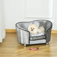PawHut Dog Sofa Pet Chair, Kitten Bed Couch w/ Wooden Frame, Removable Cushion - Silver-Tone and Grey(m-2)