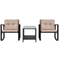 Outsunny 3 Pieces Rattan Garden Rocking Chair Set, Outdoor Rocking Bistro Set w/ 2 Cushioned Armchair and Glass Top Two-tier Coffee Table, Black(m-11)