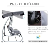 Outsunny Balancelle de Jardin 3 Places Convertible Toit Inclinaison réglable 2 tablettes Support 2L x 1,2l x 1,64H m métal époxy Noir Polyester gris clair(m-5)
