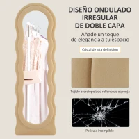 HOMCOM Espejo de Cuerpo Entero 160x50 cm Diseño Ondulado Marco con Tela de Terciopelo para Salón Dormitorio Beige(m-5)