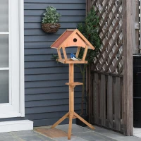 PawHut Wooden Bird Table Freestanding Feeding  Station for Garden Outside ,139H cm, Natural(m-10)