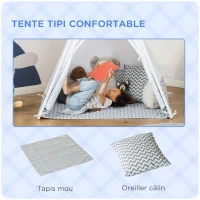 HOMCOM Tente Teepee Indien Tente de jeu pour Enfant Style Graphique - dim. 1,2L x 1,2I x 1,55H m - Porte refermable Fenêtre Tapis Coussin Sac Transport Inclus - à l'Intérieur à l'Extérieur Gris Blanc(m-6)