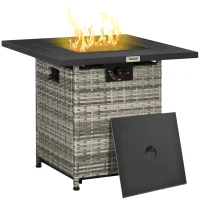 Outsunny Outdoor PE Rattan Gas Fire Pit Table, Patio Square Propane Heater with Rain Cover, Mesh Lid and Lava Stone, 40,000 BTU, Mixed Grey(m-1)