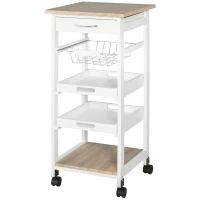 HOMCOM Carrello da Cucina Salvaspazio in Legno di Pino e MDF, Carrello Portaoggetti con Cassetto, Cestello, 2 Vassoi e 4 Ruote Universale, 37x37x82cm, Bianco(m-10)
