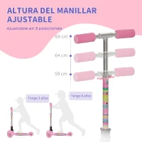 HOMCOM Patinete para Niños de +3 Años Plegable Patinete 3 Ruedas con Luces LED Manillar Altura Ajustable y Freno Posterior Carga Máxima 50 kg 54,7x32,5x59-69 cm Rosa(m-4)