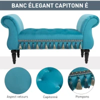 HOMCOM Banc banquette capitonnée design accoudoirs courbés pompons pieds bois hévéa revêtement velours bleu(m-4)