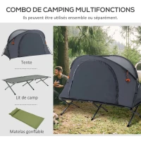 Outsunny Ensemble tente de camping 3 en 1 avec lit de camp 1 personne, tente et 1 matelas gonflable - sac de transport inclus(m-4)