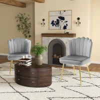 HOMCOM Shell Dining Chairs Set of 2, Upholstered Kitchen Chairs with Gold Metal Legs and Backrest, Velvet Fabric Lounge Leisure Chairs for Living Room, Reception Room, Grey(m-2)