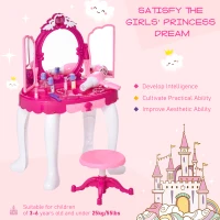 HOMCOM 26 Pcs Kids Children Vanity Dressing Table Magic Glamour Princess Mirror Makeup Table Stool Set w/ Beauty Kit Lights Music Jewellery Pretend Toy Fuchsia(m-4)