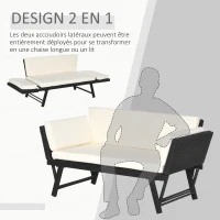 Outsunny Canapé lit de jardin extensible 3 places grand confort 4 coussins crème inclus résine tressée imitation rotin noir(m-4)