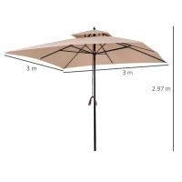 Outsunny Ombrellone da Giardino 3x3 m con Doppio Tetto in Poliestere, Palo e Stecche in Metallo, Beige e Nero(m-3)