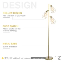 HOMCOM Retro Practical Tree Floor Lamp 3 Angle Adjustable Lampshade Steel Base for Living Room Bedroom Office Gold 165cm(m-5)