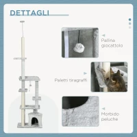 PawHut Albero Tiragraffi per Gatti a Soffitto con Piattaforme e Casetta, 60x40x225-255cm, Grigio(m-6)