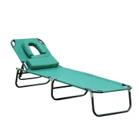 Outsunny Foldable Outdoor Sun Lounger Adjustable Backrest Reclining Chair with Pillow and Reading Hole Garden Beach, Dark Green(m-1)