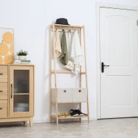HOMCOM Perchero de Madera con Zapatero de 2 Estantes Perchero de Pie con 2 Cajones de Tela 4 Ganchos y Barra para Colgar Ropa Bolsas para Entrada Salón 58x36x168 cm Natural(m-2)