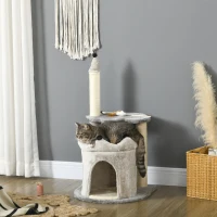 PawHut Albero Tiragraffi per Gatti con Casetta e Lettino, Rivestimento Peluche e Gioco, 48x48x86cm, Grigio(m-2)