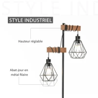 HOMCOM Lampadaire Design Industriel 40 W Max. Double Suspension métal Filaire Hauteur réglable Noir(m-4)