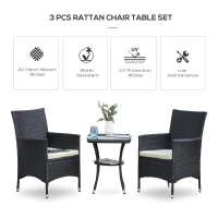 Outsunny 3 Pieces Rattan Bistro Set, Wicker Garden Furniture Set with 2-Tier Coffee Table and Chairs, Cushions, for Outdoor Patio Balcony, Black(m-4)