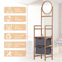 HOMCOM Meuble colonne rangement salle de bain bambou design naturel 41L x 33l x 166H cm 2 étagères, 2 paniers, 4 patères + miroir(m-4)