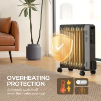 HOMCOM 2500W Oil Filled Radiator, 11 Fin, Portable Electric Heater with 3 Heat Settings, Safety Cut-Off and Wheels, Grey(m-6)