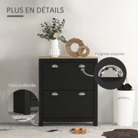 HOMCOM Armoire à chaussures 2 portes abattantes 2 compartiments poignées coquilles métal 79 x 23 x 90,5 cm noir chêne(m-6)