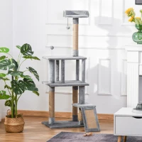 PawHut Cat Tree Tower 142cm Climbing Kitten Activity Center with Jute Scratching Post Board, Removable Felt Hanging Toy, Grey(m-8)