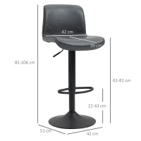 HOMCOM Bar Stools Set of 2, PU Leather Barstools with Backrest and Footrest for Kitchen, Counter, Breakfast Bar, Dark Grey(m-3)