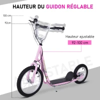 HOMCOM Trottinette patinette pour Enfants à partir de 5 Ans Grands pneus Guidon réglable poignée Frein et béquille Acier Rose(m-5)