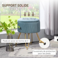 HOMCOM Pouf rangement 13,5 L pouf salon tabouret de coiffeuse en velours avec pieds en acier, repose pied rond jusqu'à 110 kg(m-7)